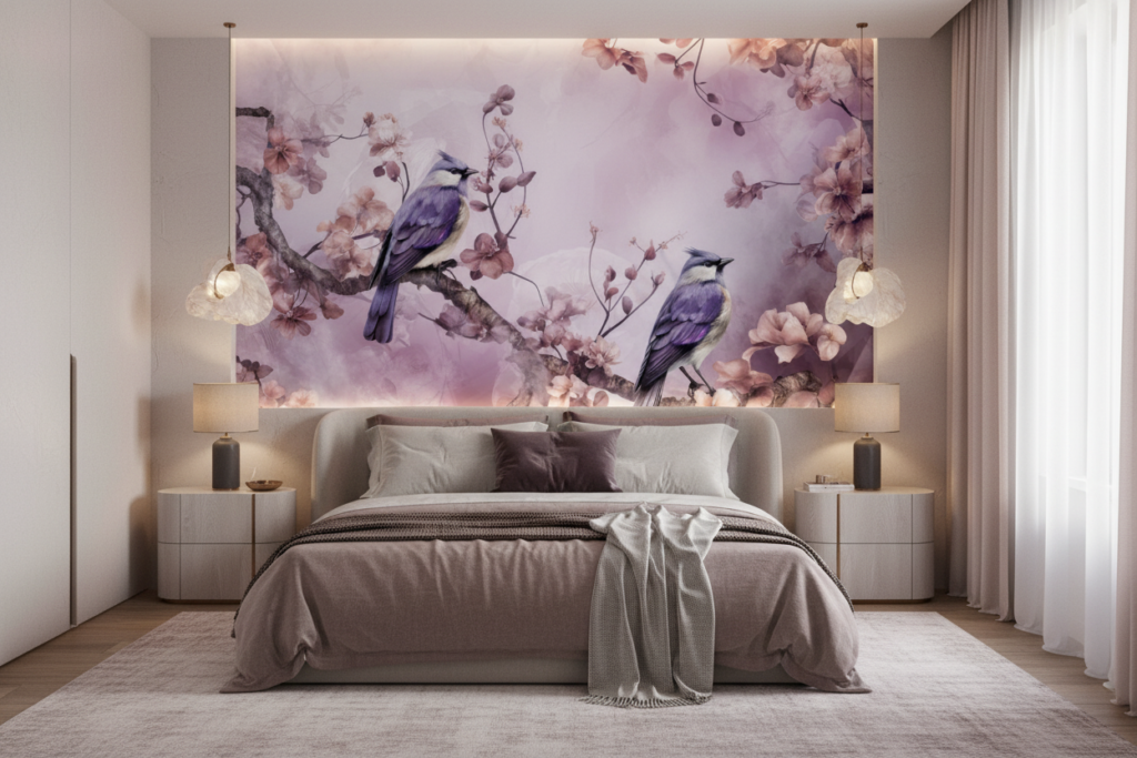 Papier Peint Oiseaux Violets sur Branches Fleuries Romantique - Chambre adulte