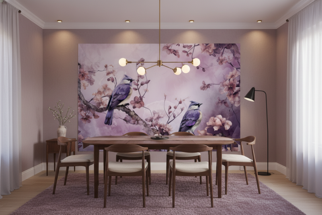 Papier Peint Oiseaux Violets sur Branches Fleuries Romantique - Salle à manger
