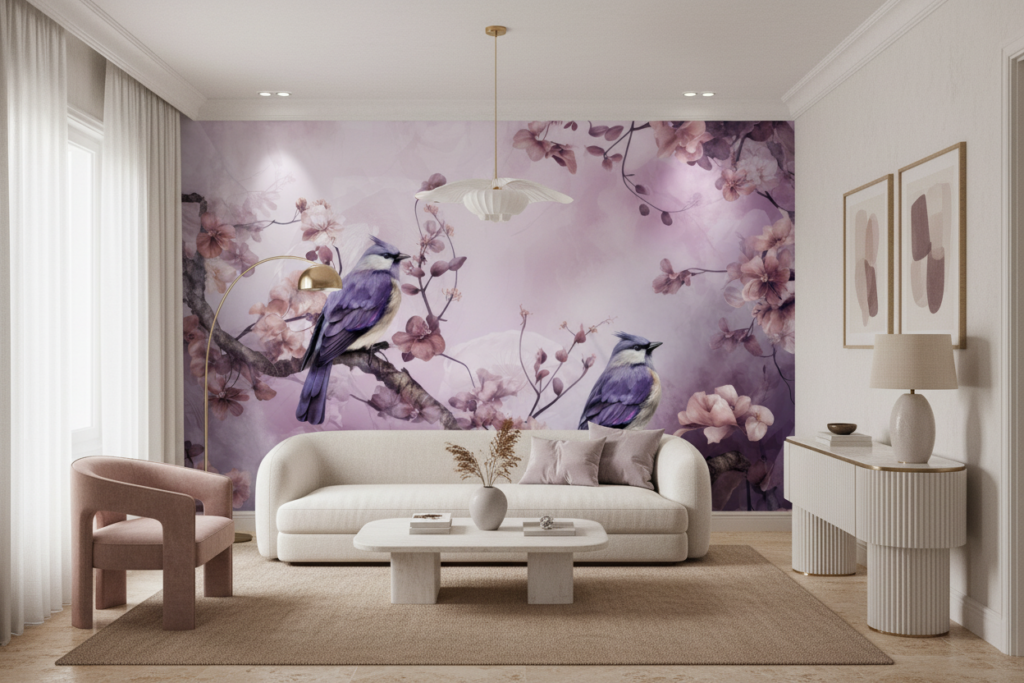 Papier Peint Oiseaux Violets sur Branches Fleuries Romantique - Salon / Séjour