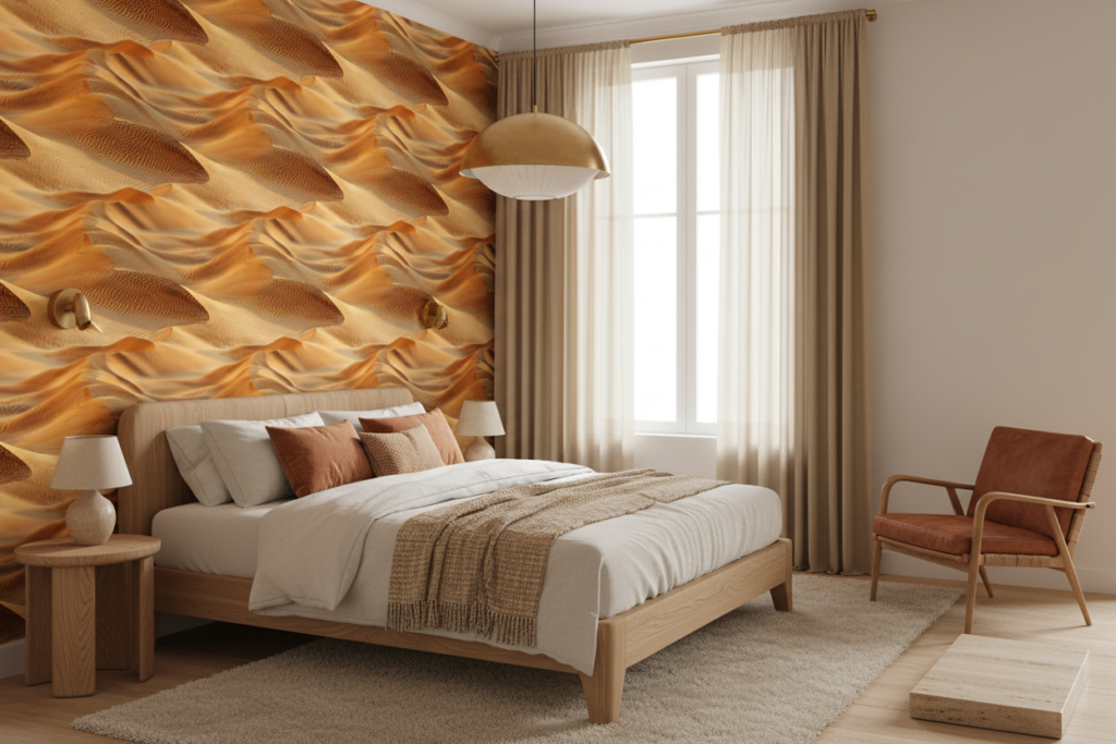 Papier peint ondulations dorées effet tissu organique fluide abstrait - Chambre adulte