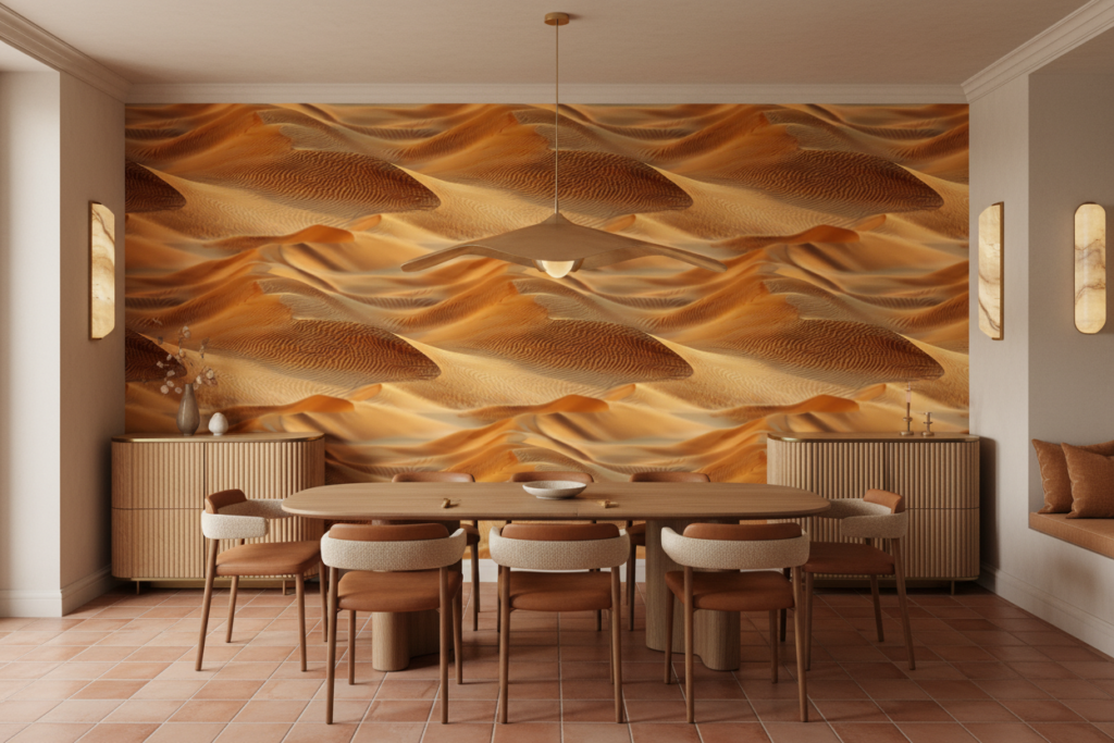 Papier peint ondulations dorées effet tissu organique fluide abstrait - Salle à manger