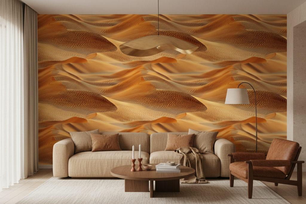 Papier peint ondulations dorées effet tissu organique fluide abstrait - Salon / Séjour