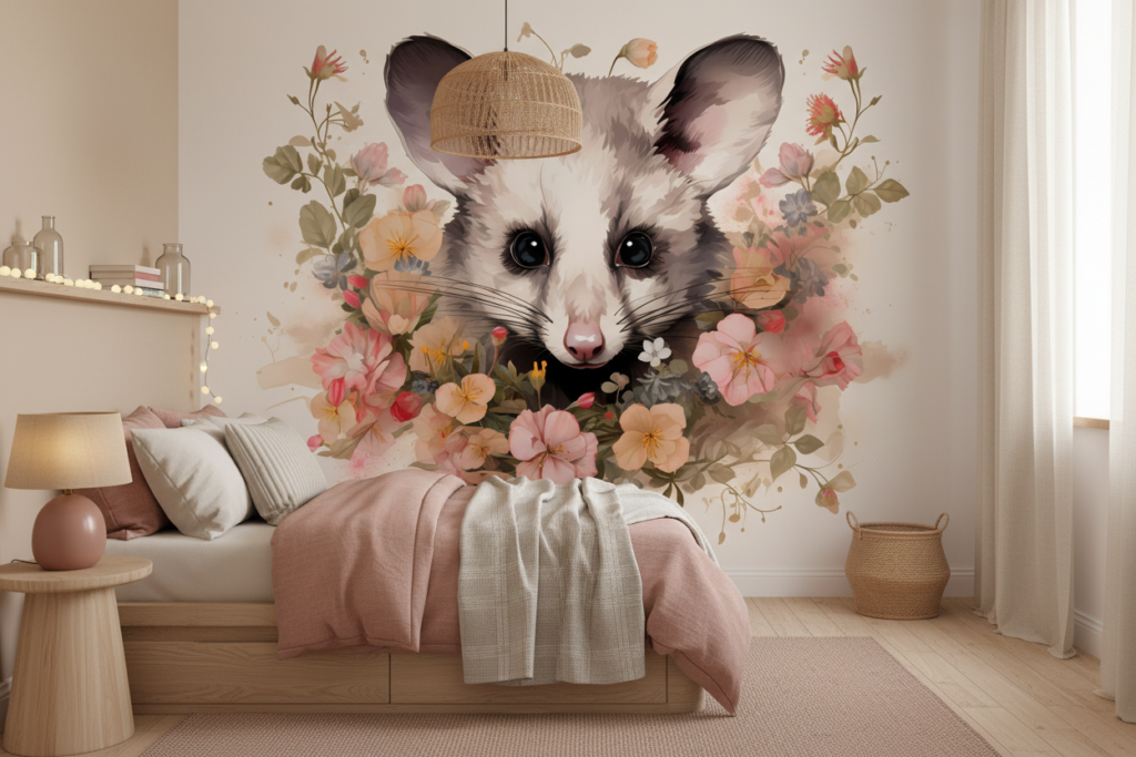 Papier peint opossum aquarelle dans un bouquet floral romantique - Chambre ado