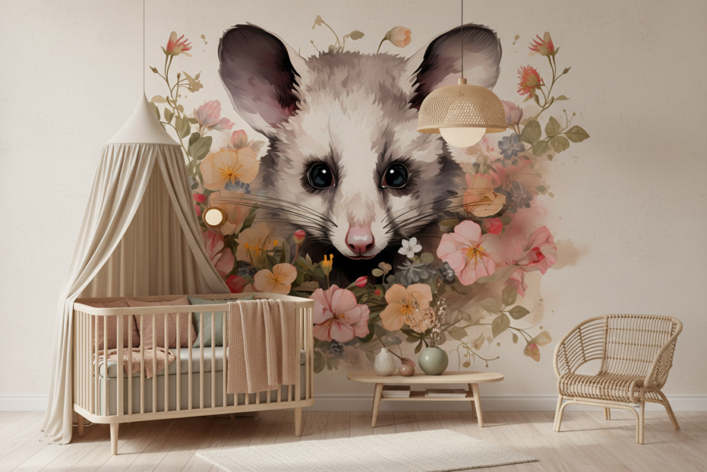 Papier peint opossum aquarelle dans un bouquet floral romantique - Chambre bébé