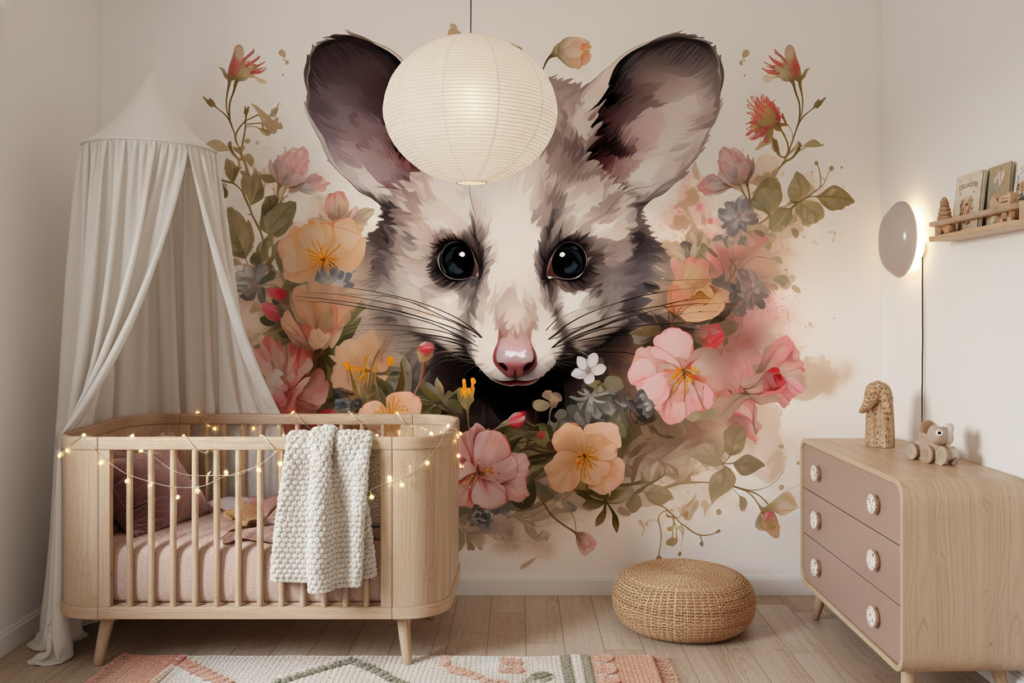 Papier peint opossum aquarelle dans un bouquet floral romantique - Chambre enfant