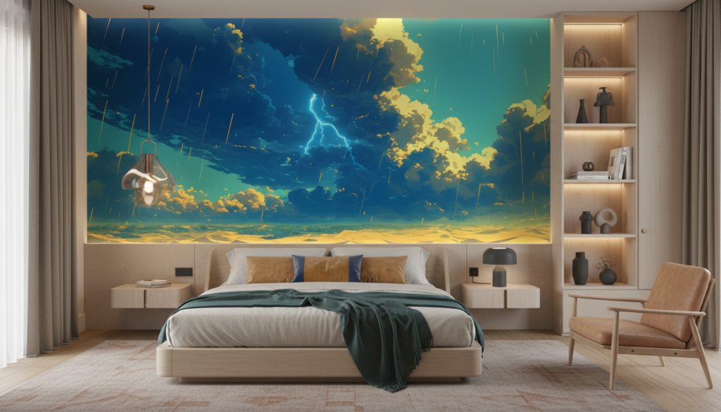 Papier Peint Orage Désert Lightning Tempête Ciel Dramatique Bleu - Chambre adulte