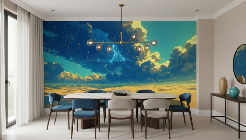 Papier Peint Orage Désert Lightning Tempête Ciel Dramatique Bleu - Salle à manger