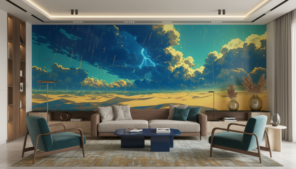 Papier Peint Orage Désert Lightning Tempête Ciel Dramatique Bleu - Salon / Séjour