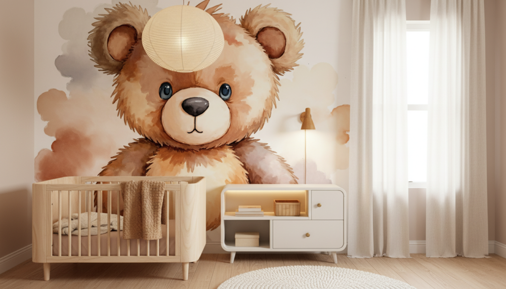 Papier Peint Ours en Peluche Aquarelle Doux Chambre Enfant - Chambre bébé