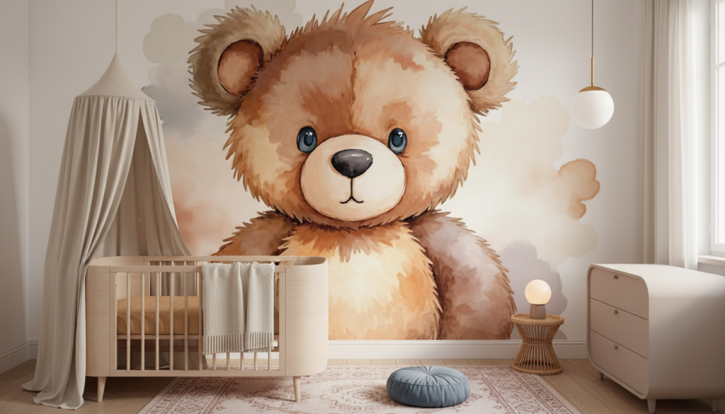 Papier Peint Ours en Peluche Aquarelle Doux Chambre Enfant - Chambre enfant