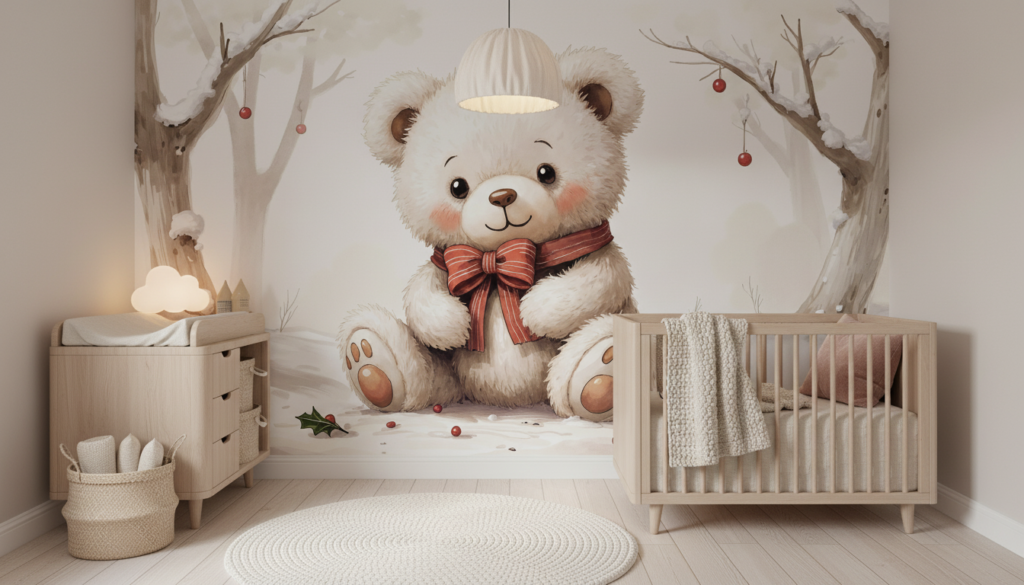 Papier peint ourson adorable dans forêt hivernale avec décorations festives - Chambre bébé