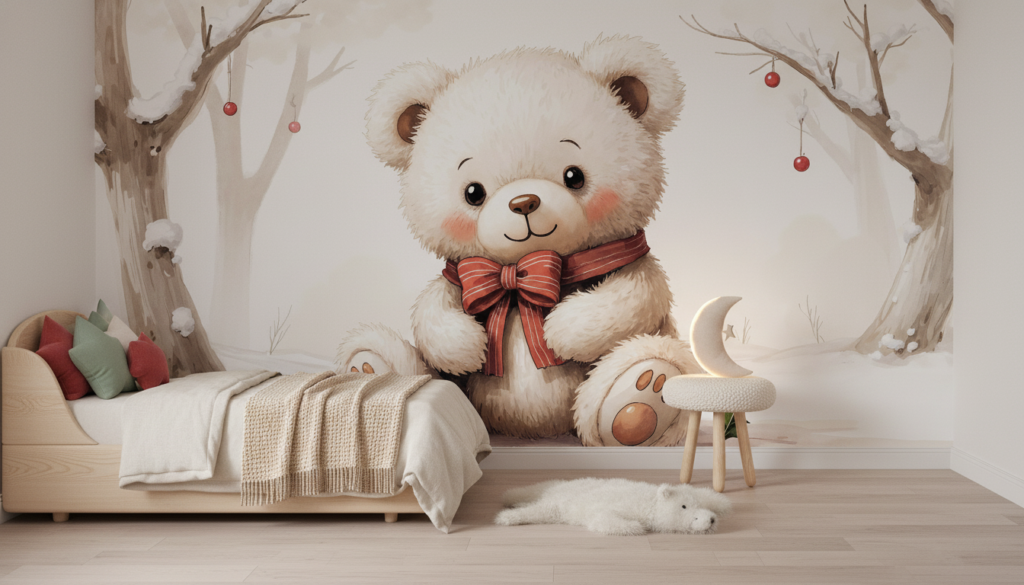 Papier peint ourson adorable dans forêt hivernale avec décorations festives - Chambre enfant