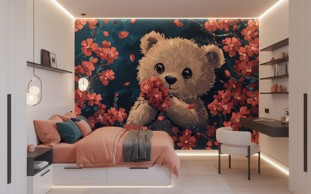 Papier Peint Ourson Adorable dans Jardin de Fleurs Corail - Chambre ado