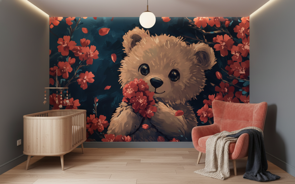 Papier Peint Ourson Adorable dans Jardin de Fleurs Corail - Chambre bébé