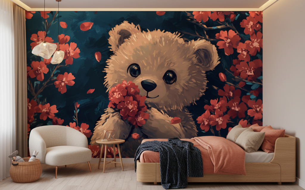Papier Peint Ourson Adorable dans Jardin de Fleurs Corail - Chambre enfant