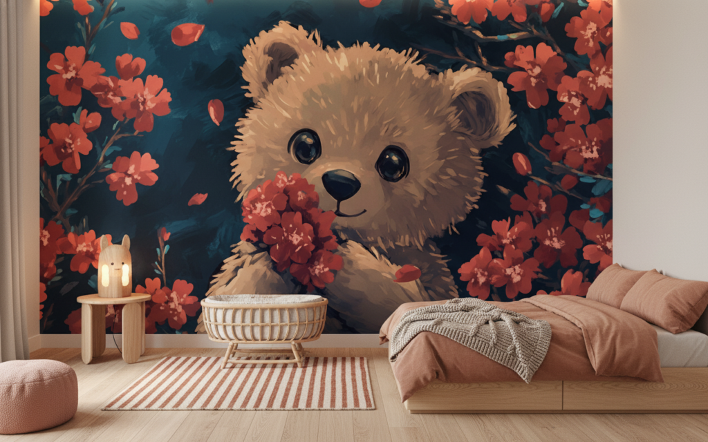 Papier Peint Ourson Adorable dans Jardin de Fleurs Corail - Chambre enfant