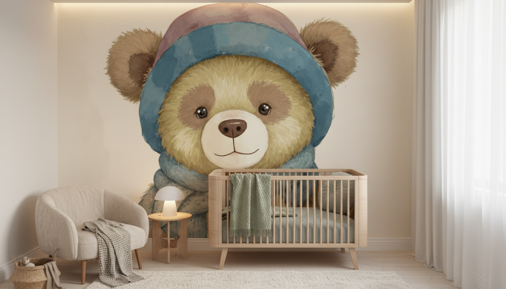 Papier peint ourson à capuche bleu style aquarelle enfant - Chambre bébé