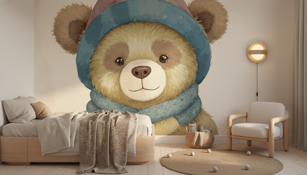 Papier peint ourson à capuche bleu style aquarelle enfant - Chambre enfant