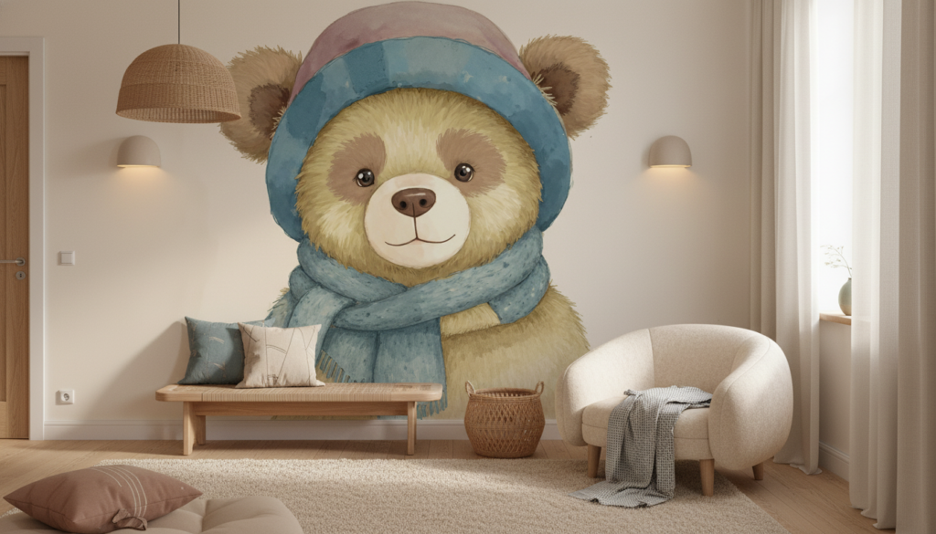 Papier peint ourson à capuche bleu style aquarelle enfant - Espace enfant (pro)