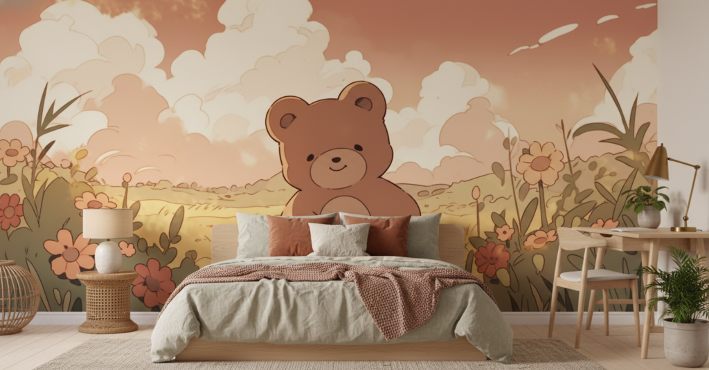 Papier Peint Ourson Mignon dans Prairie Fleurie au Coucher du Soleil - Chambre ado