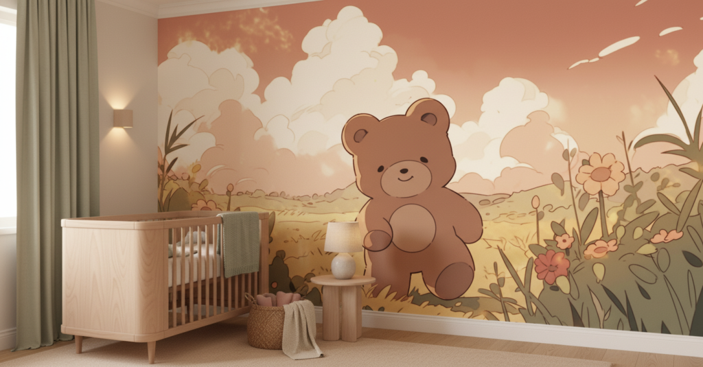 Papier Peint Ourson Mignon dans Prairie Fleurie au Coucher du Soleil - Chambre bébé