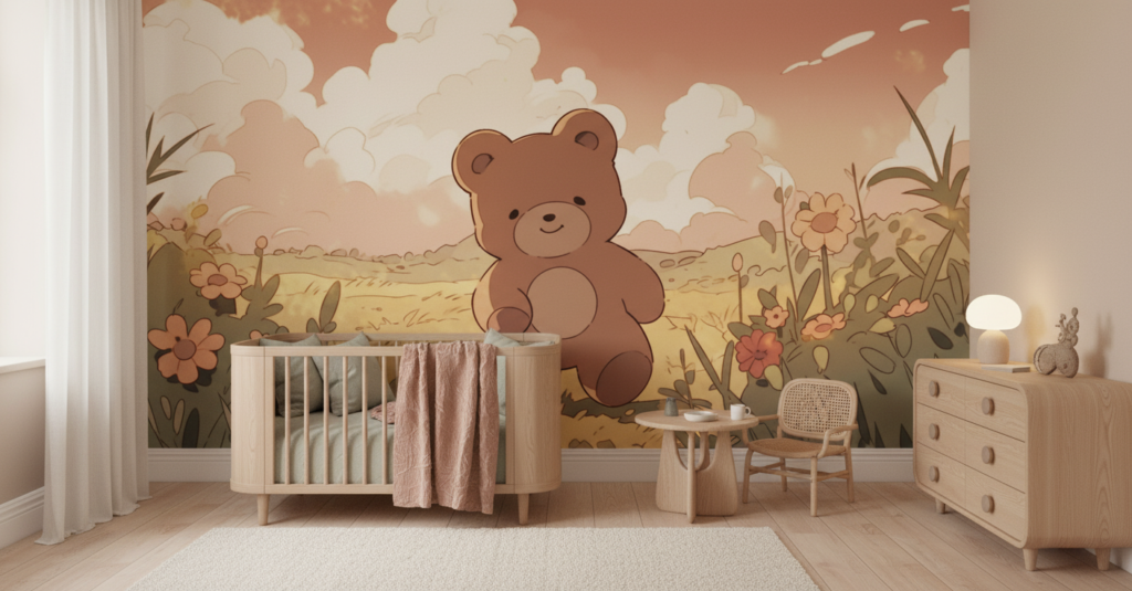 Papier Peint Ourson Mignon dans Prairie Fleurie au Coucher du Soleil - Chambre enfant