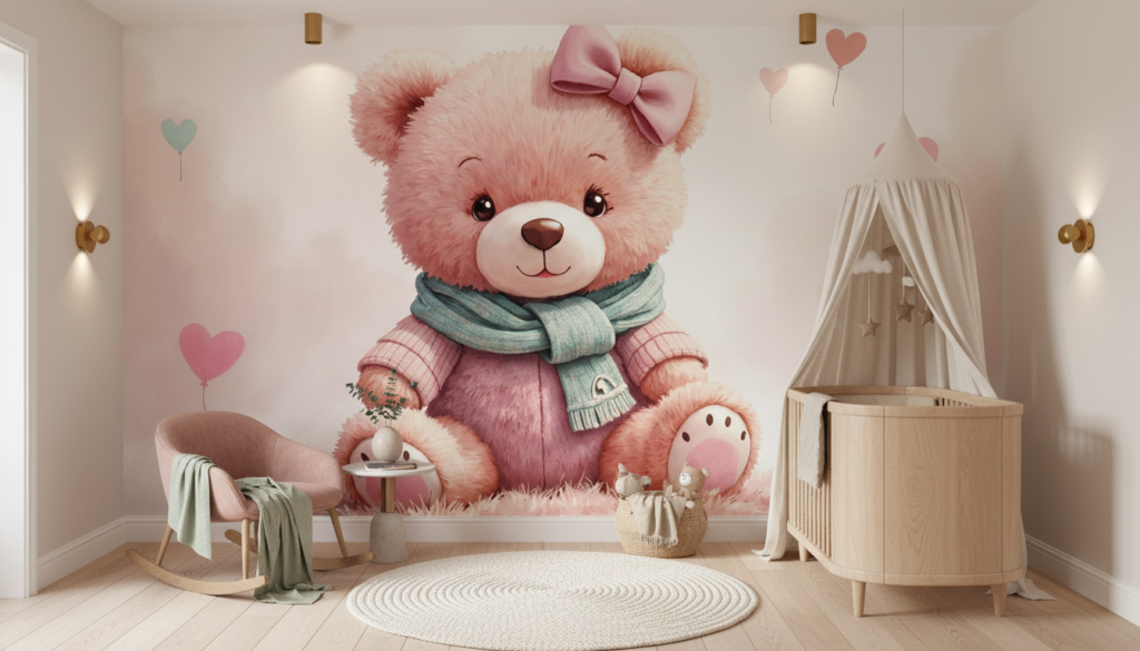 Papier Peint Ourson Rose Adorable avec Ballons Cœurs et Nœud - Chambre bébé