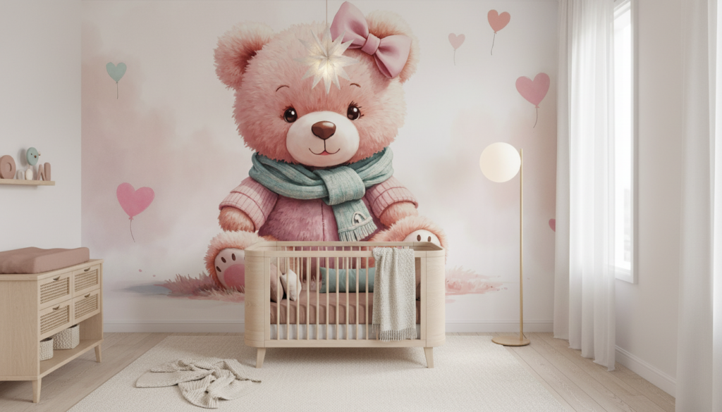 Papier Peint Ourson Rose Adorable avec Ballons Cœurs et Nœud - Chambre enfant