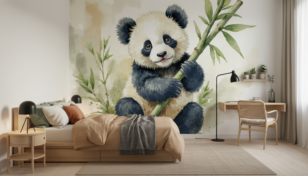Papier Peint Panda Aquarelle Bambou Nature Chambre Enfant - Chambre ado