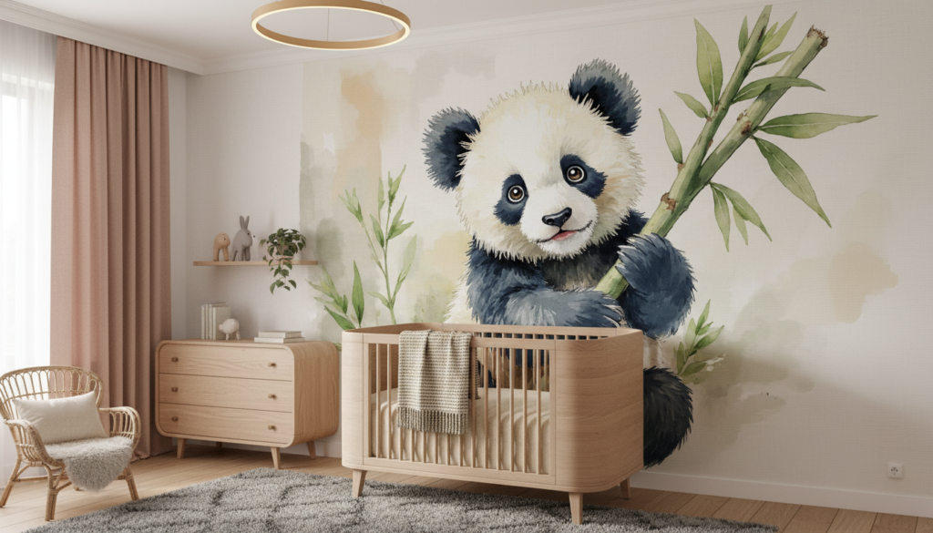 Papier Peint Panda Aquarelle Bambou Nature Chambre Enfant - Chambre bébé