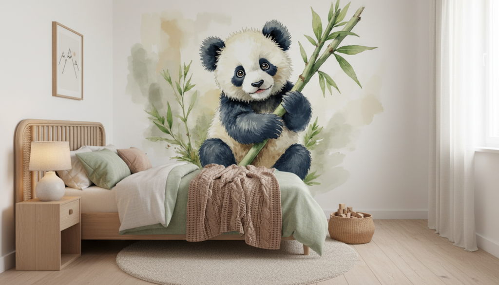 Papier Peint Panda Aquarelle Bambou Nature Chambre Enfant - Chambre enfant