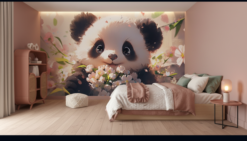 Papier Peint Panda Mignon dans Jardin de Fleurs Roses - Chambre ado