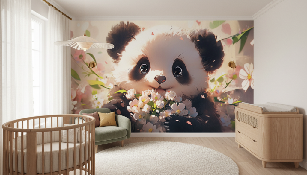 Papier Peint Panda Mignon dans Jardin de Fleurs Roses - Chambre bébé