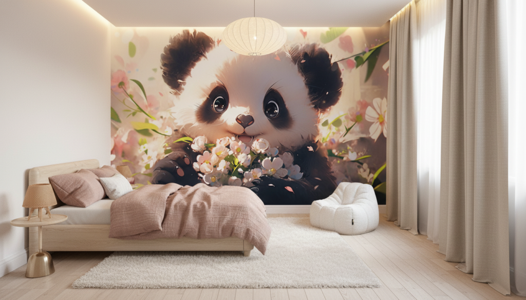 Papier Peint Panda Mignon dans Jardin de Fleurs Roses - Chambre enfant