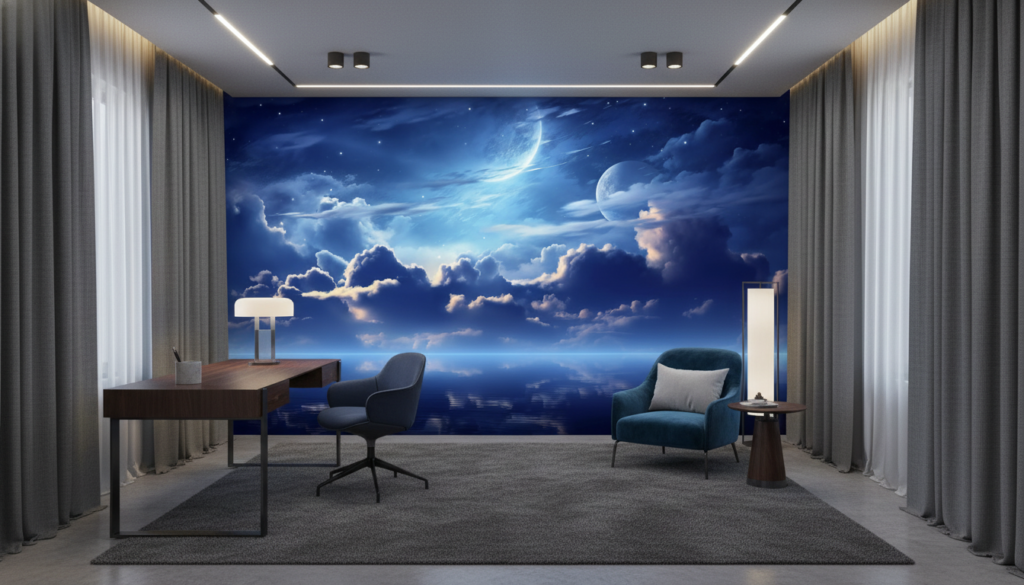Papier Peint Panoramique Ciel Nocturne Étoilé avec Lunes et Nuages - Bureau