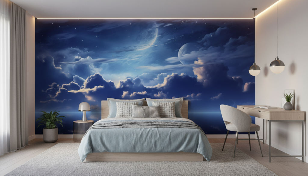 Papier Peint Panoramique Ciel Nocturne Étoilé avec Lunes et Nuages - Chambre ado