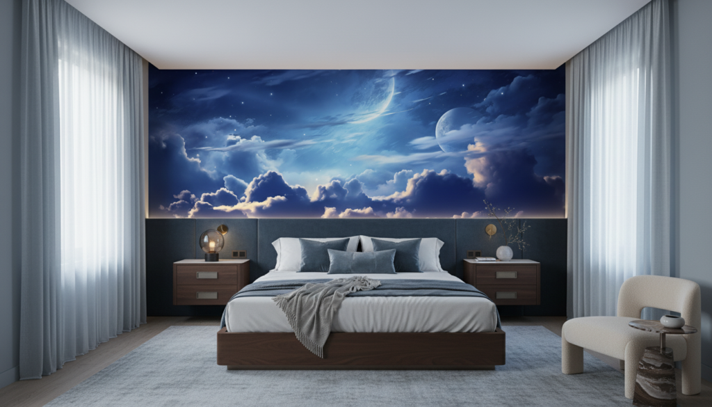 Papier Peint Panoramique Ciel Nocturne Étoilé avec Lunes et Nuages - Chambre adulte