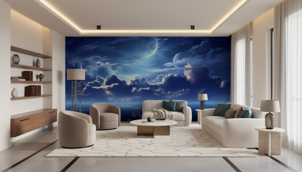 Papier Peint Panoramique Ciel Nocturne Étoilé avec Lunes et Nuages - Salon / Séjour