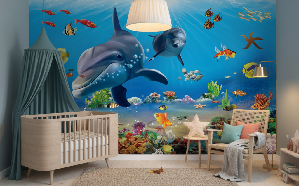 Papier peint panoramique fond marin dauphins et poissons tropicaux colorés - Chambre bébé