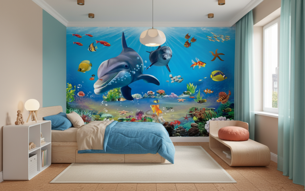 Papier peint panoramique fond marin dauphins et poissons tropicaux colorés - Chambre enfant