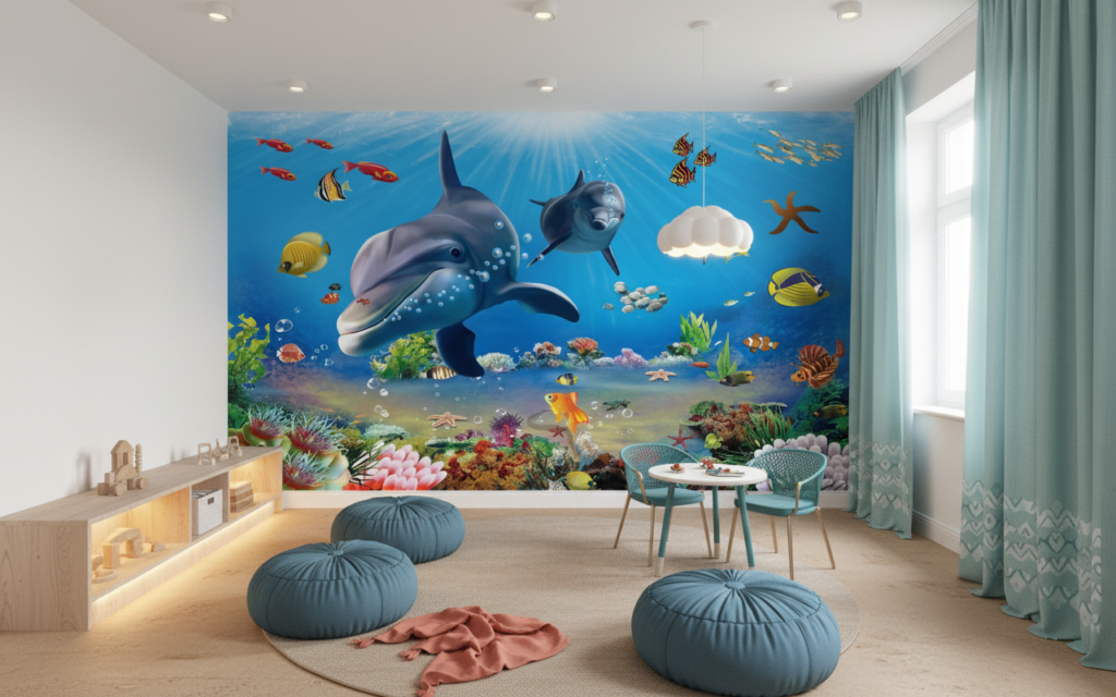 Papier peint panoramique fond marin dauphins et poissons tropicaux colorés - Espace enfant (pro)