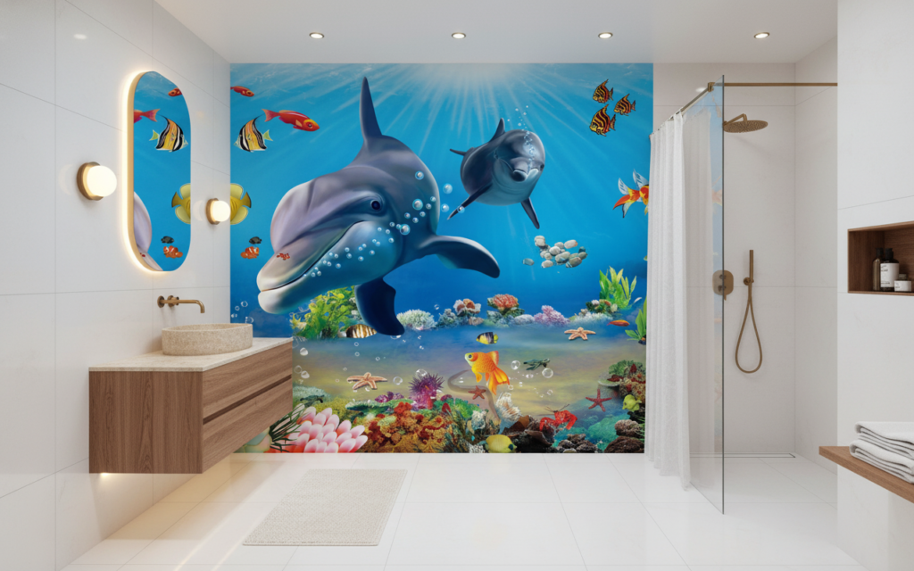 Papier peint panoramique fond marin dauphins et poissons tropicaux colorés - Salle de bain