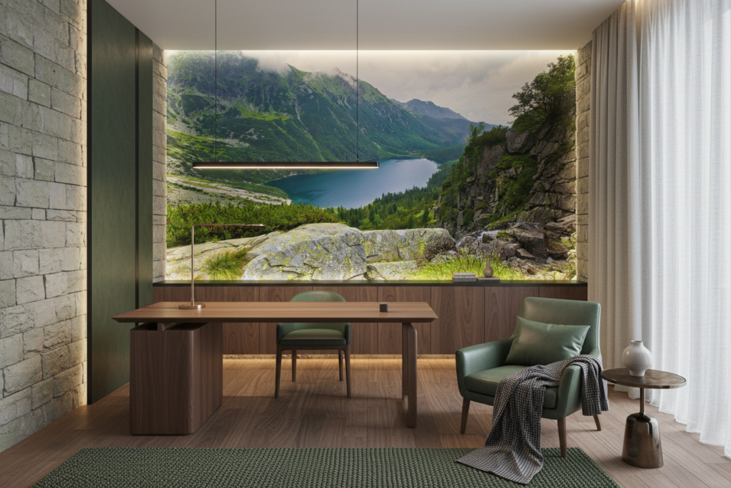 Papier peint panoramique lac de montagne verdoyant et rochers - Bureau