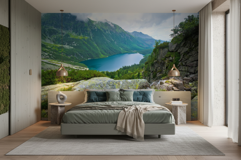 Papier peint panoramique lac de montagne verdoyant et rochers - Chambre adulte