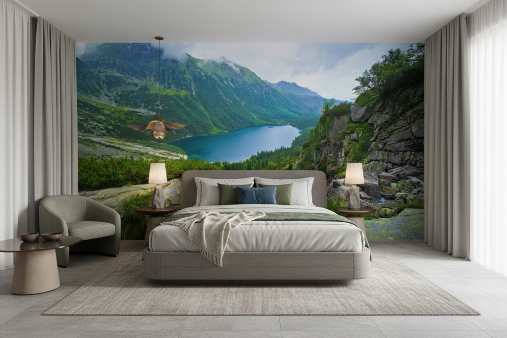 Papier peint panoramique lac de montagne verdoyant et rochers - Hôtel