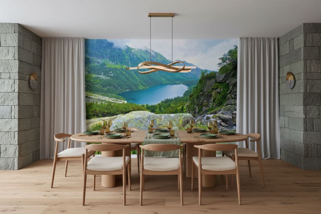 Papier peint panoramique lac de montagne verdoyant et rochers - Salle à manger