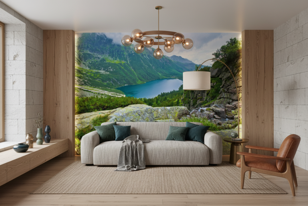 Papier peint panoramique lac de montagne verdoyant et rochers - Salon / Séjour