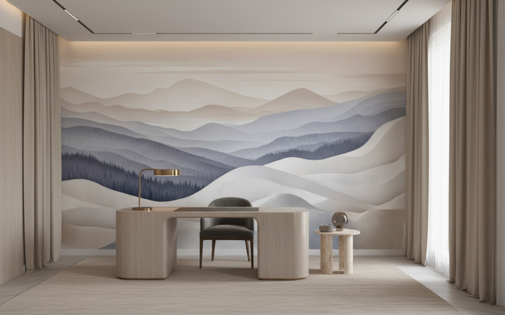 Papier peint panoramique montagnes abstraites tons poudrés et dorés - Bureau