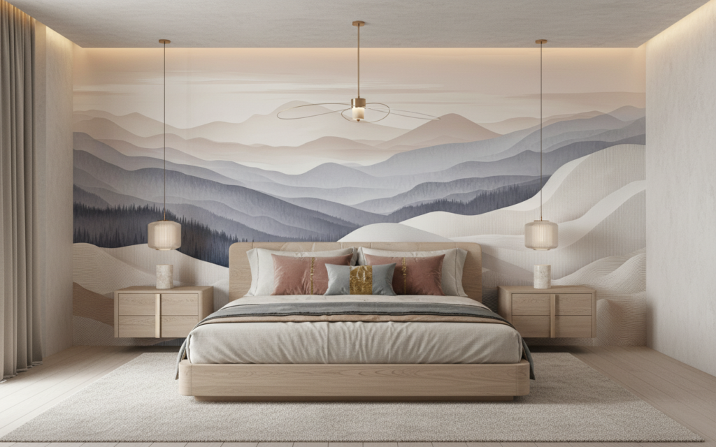 Papier peint panoramique montagnes abstraites tons poudrés et dorés - Chambre adulte