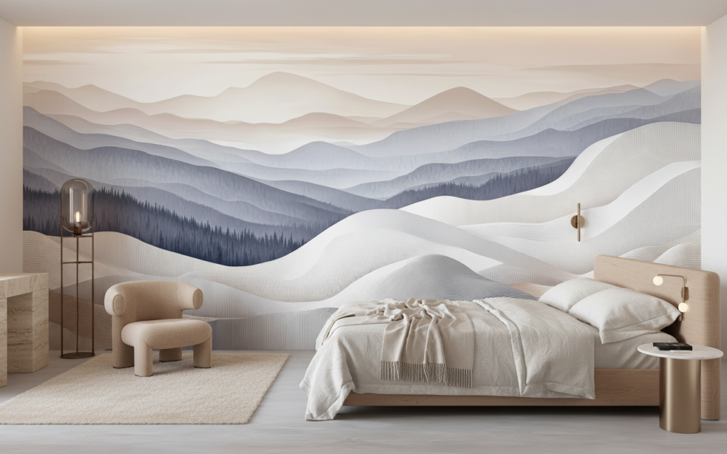 Papier peint panoramique montagnes abstraites tons poudrés et dorés - Chambre adulte